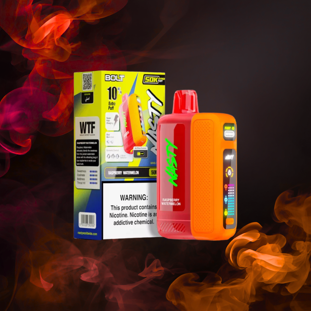 Bold mixed-fruit disposable vape with dynamic red tones.